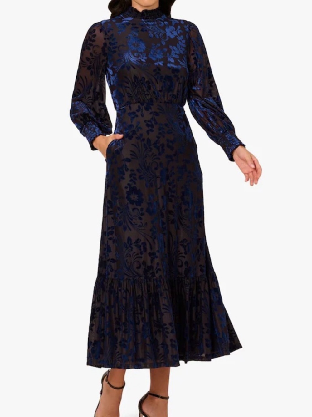 Adrianna Papell Blue Burnout Velvet Long Dress NEW NWT